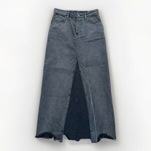 We The Free People Sz 24 Distressed Black Fade Denim Front Slit‎ Midi Skirt EUC